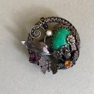 Vintage Glass Stone Brooch Silver Tone Green Flower Leaf Pin Pendant Retro